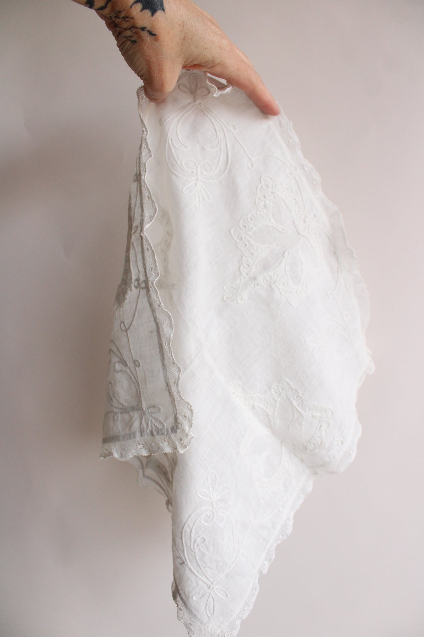 Antique 1910s 1920s Embroidered White Linen Handkerchief