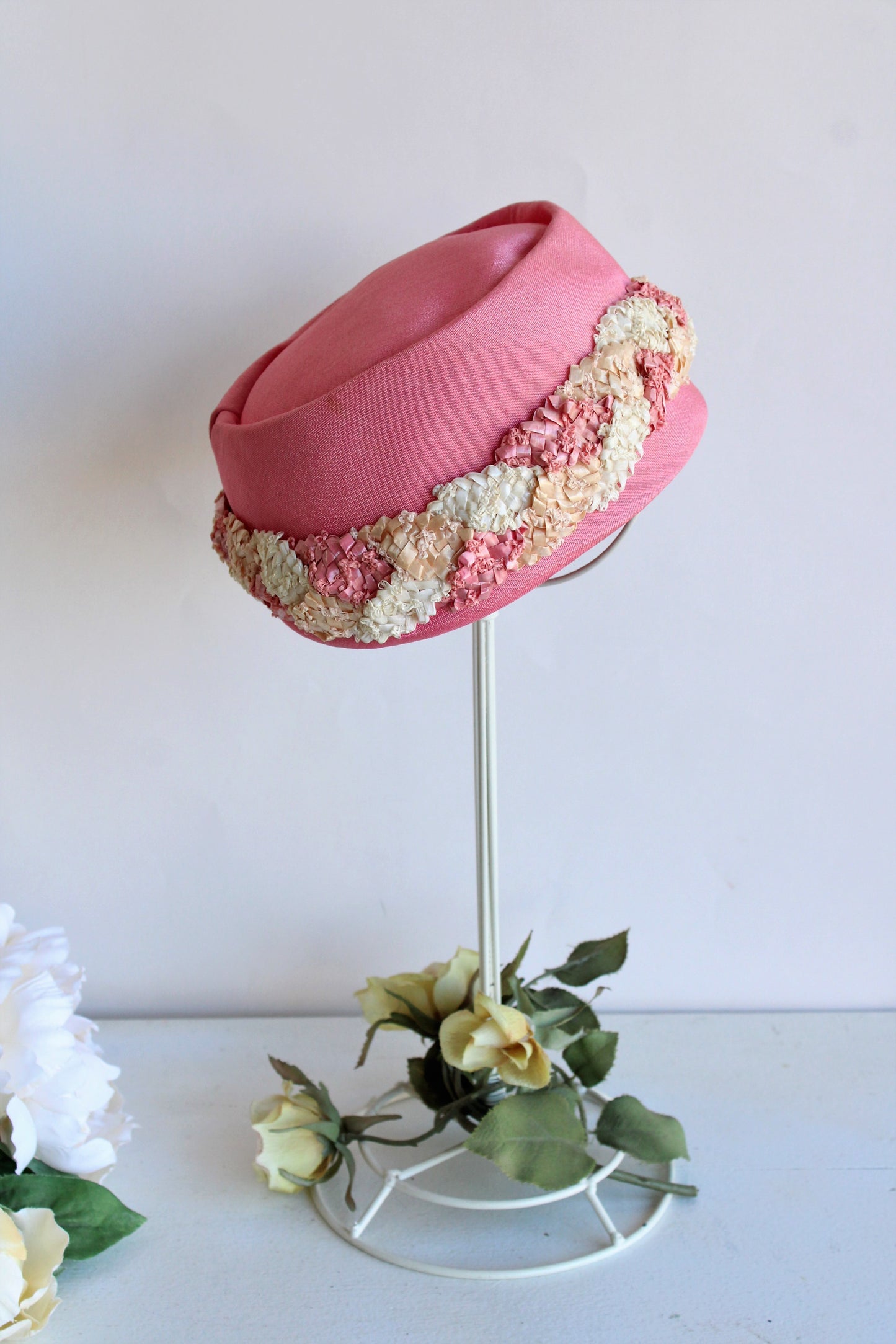 Vintage 1960s Pink Pillbox Silk Hat With Woven Straw or Raffia Trim