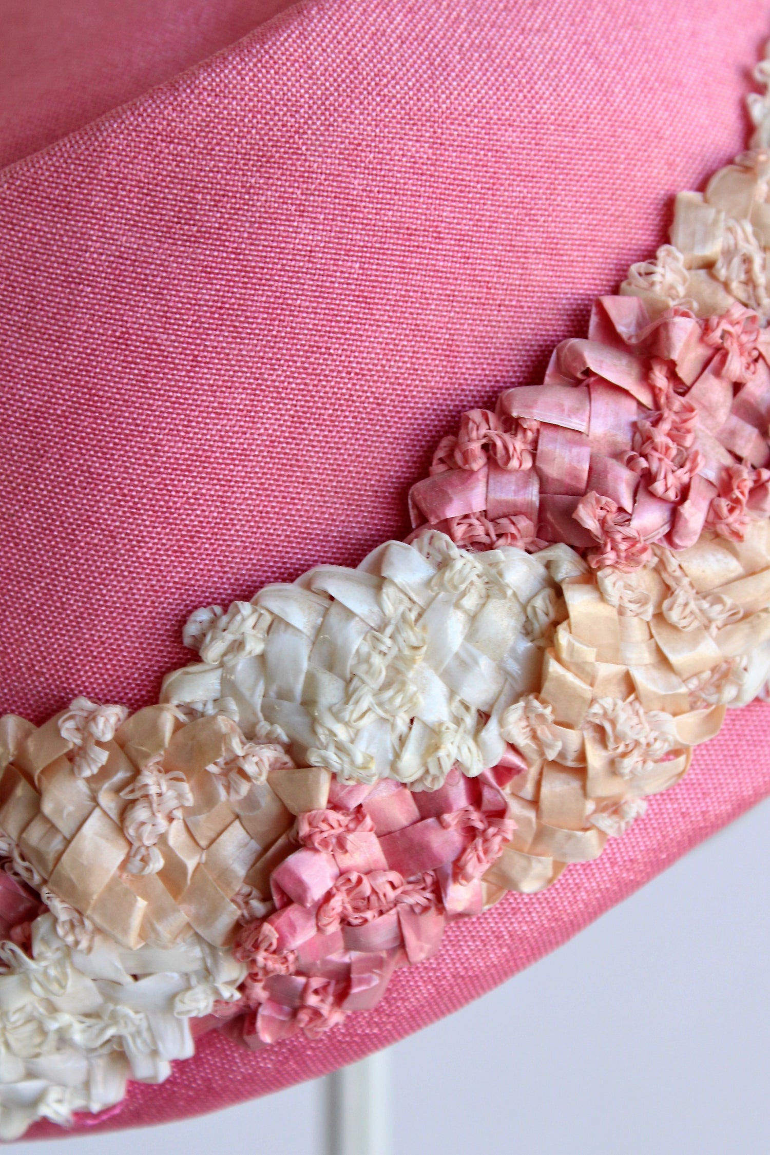 Vintage 1960s Pink Pillbox Silk Hat With Woven Straw or Raffia Trim