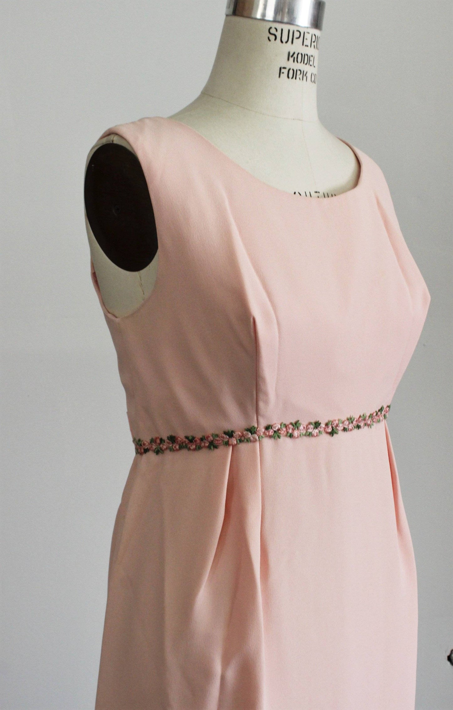 Vintage 1960s Pink Crepe Maxi Dress-Toadstool Farm Vintage-1960s Dress,1960s Maxi DRess,1960s Maxidress,Dress With Bow,Floral Trim,Metal Zipper,Vintage,Vintage Clothing,Vintage Dress,Vintage Dresses