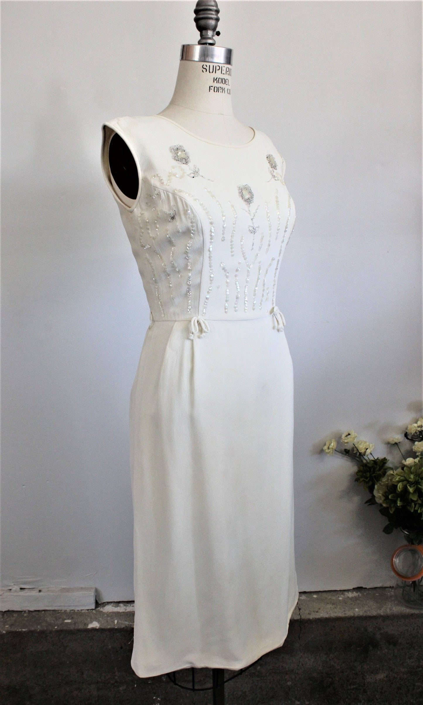 Vintage 1960s White Beaded Wiggle Dress With Sequins-Toadstool Farm Vintage-1960s Dress,1960s Mod Dress,Metal Zipper,Sequins,Vintage,Vintage Clothing,Vintage Cocktail Dress,Vintage Dress,Vintage Dresses,Wedding DRess,White Beaded Dress,Wiggle Dress