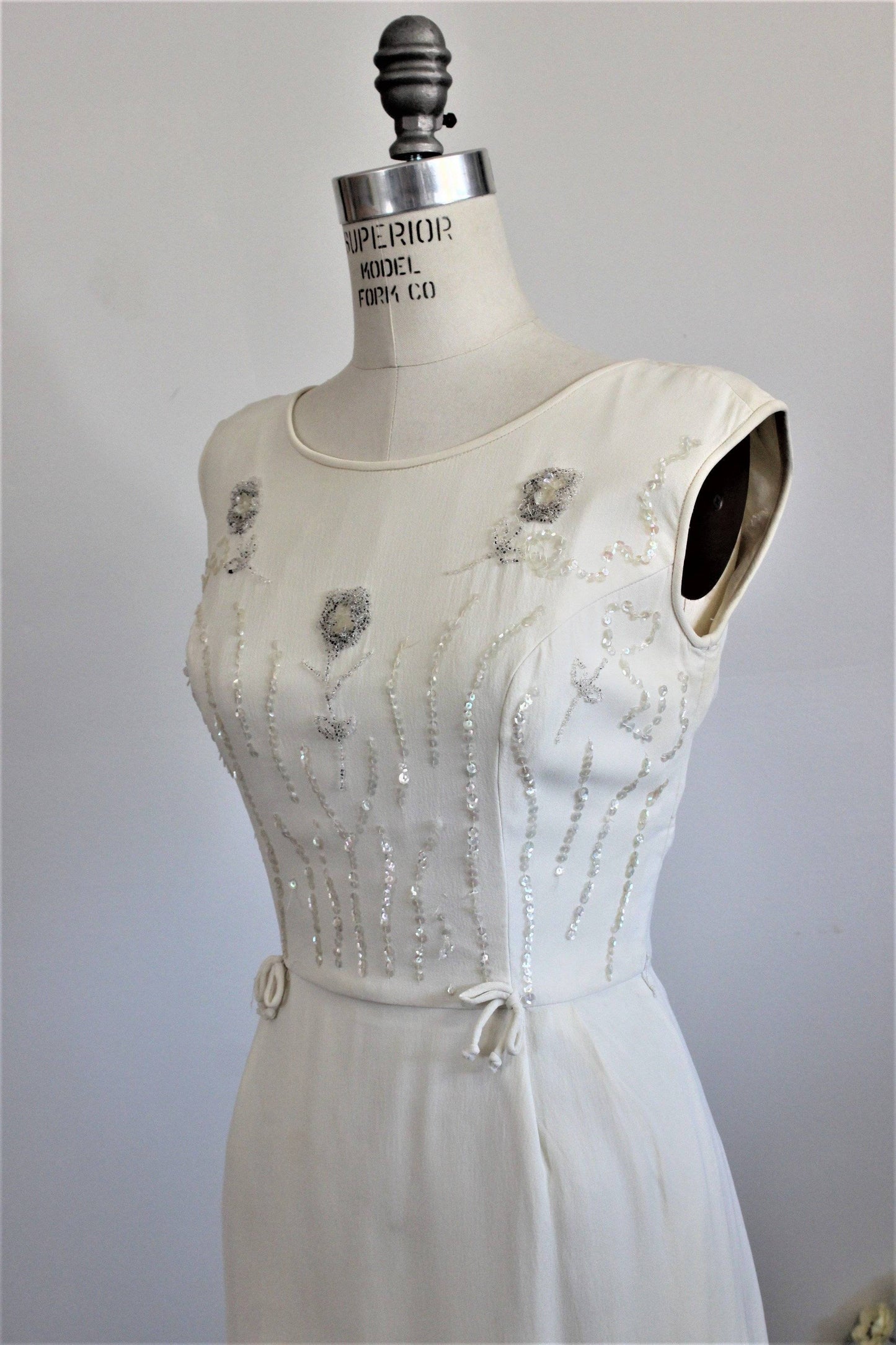 Vintage 1960s White Beaded Wiggle Dress With Sequins-Toadstool Farm Vintage-1960s Dress,1960s Mod Dress,Metal Zipper,Sequins,Vintage,Vintage Clothing,Vintage Cocktail Dress,Vintage Dress,Vintage Dresses,Wedding DRess,White Beaded Dress,Wiggle Dress