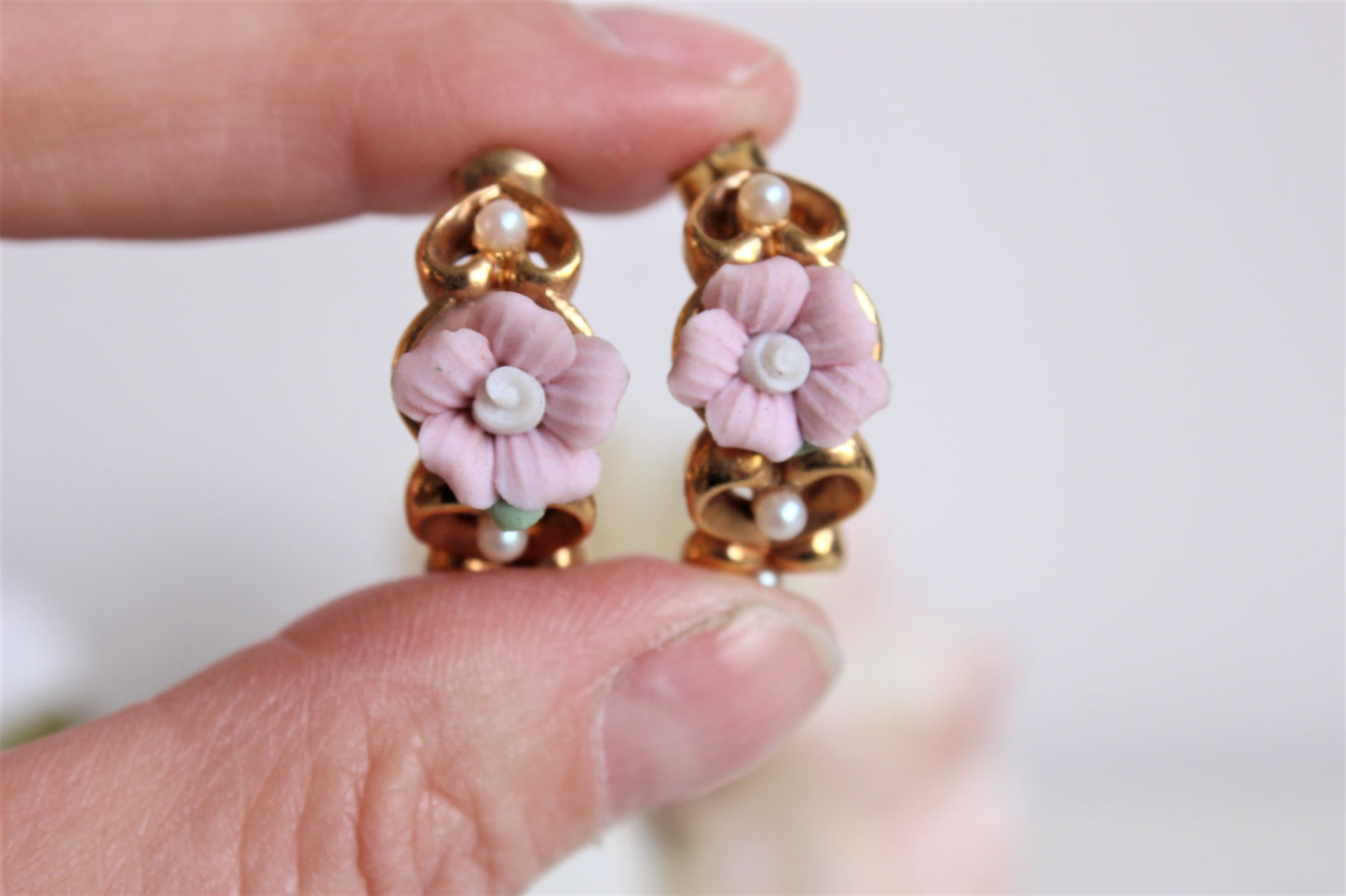 Vintage Earrings, Pink flowers, heart and pearls. By Avon
