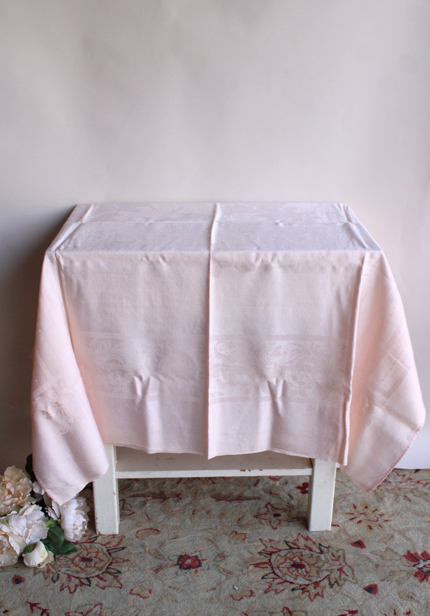 Vintage 1950s 1960s Pink Damask Tablecloth With Floral Pattern
