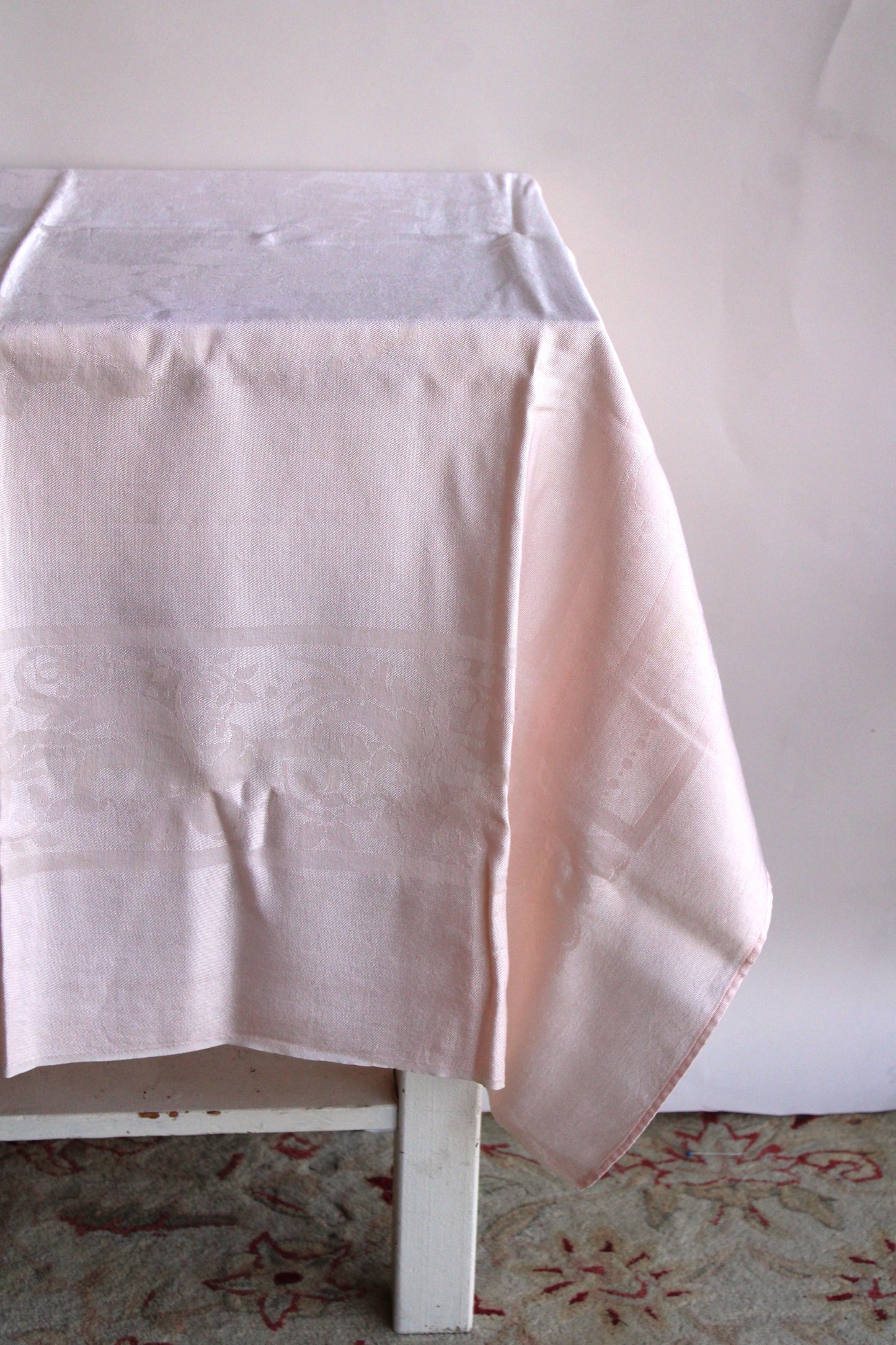 Vintage 1950s 1960s Pink Damask Tablecloth With Floral Pattern