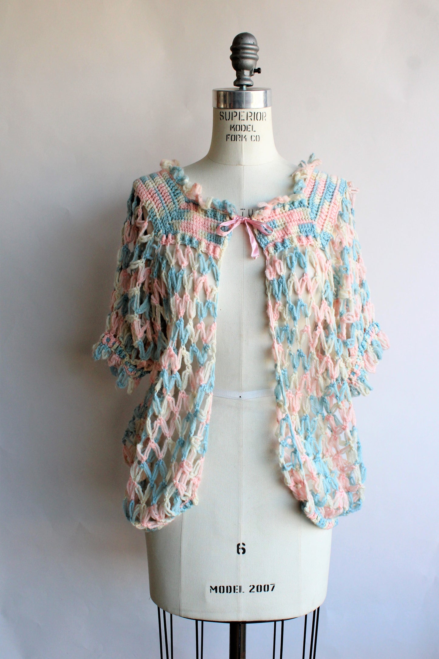 Vintage 1950s Knit Bed Jacket in Pastel Blue, Pink and White