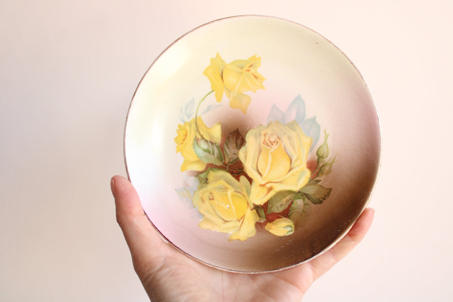 Vintage 1950s Hand Painted Yellow Roses Small Dessert Plate
