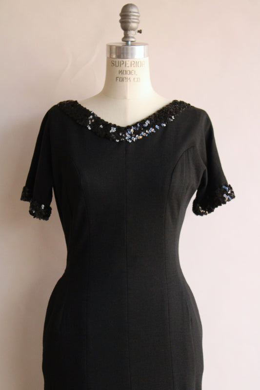 Vintage 1950s 1960s Black Wiggle Dress with Pockets and Sequin Trim