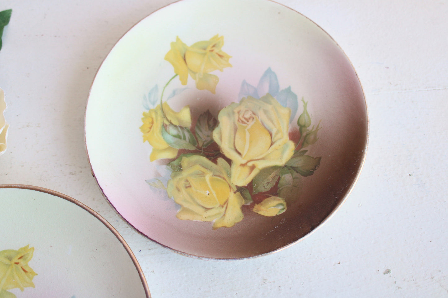 Vintage 1950s Hand Painted Yellow Roses Small Dessert Plate