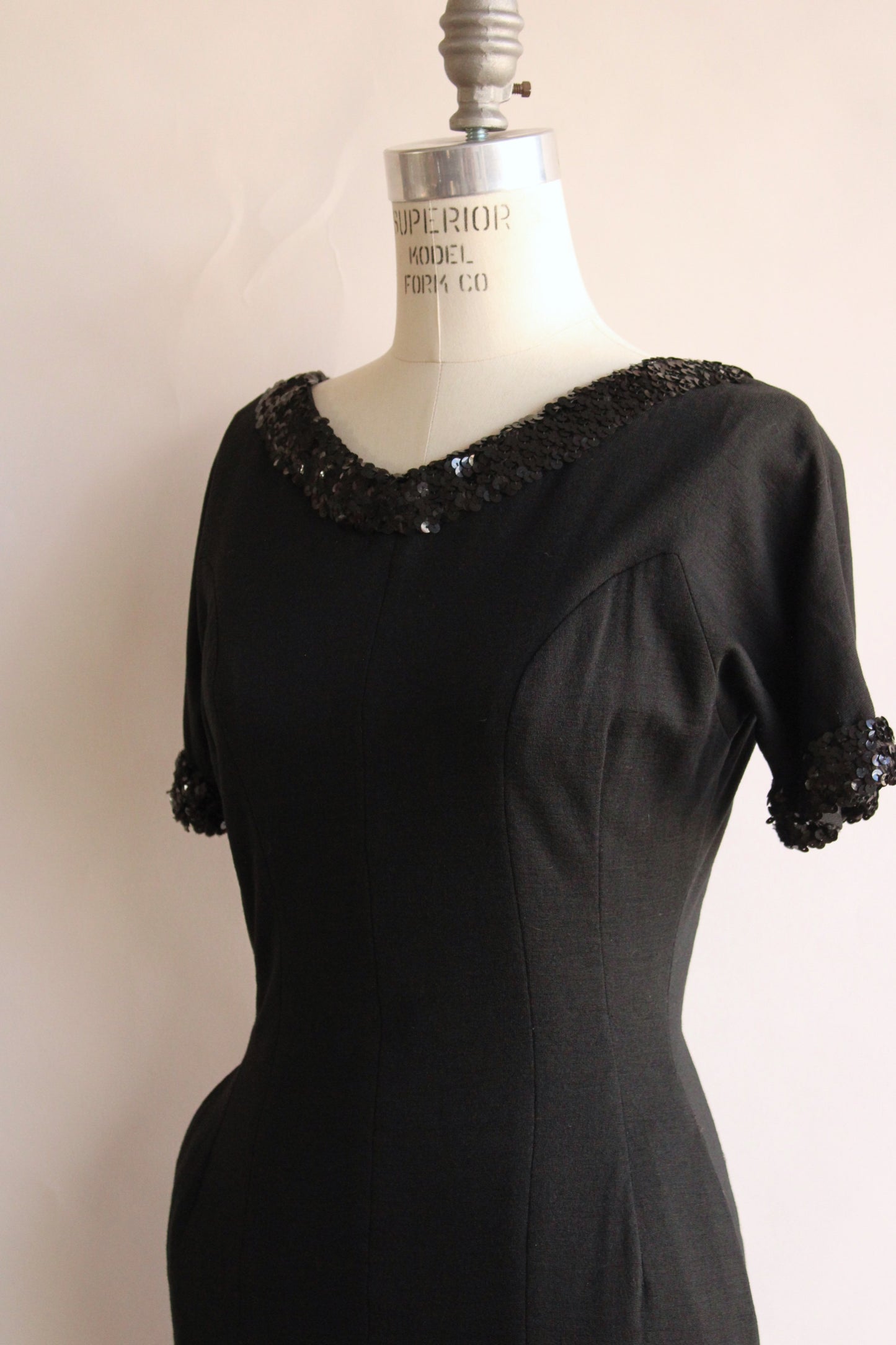 Vintage 1950s 1960s Black Wiggle Dress with Pockets and Sequin Trim