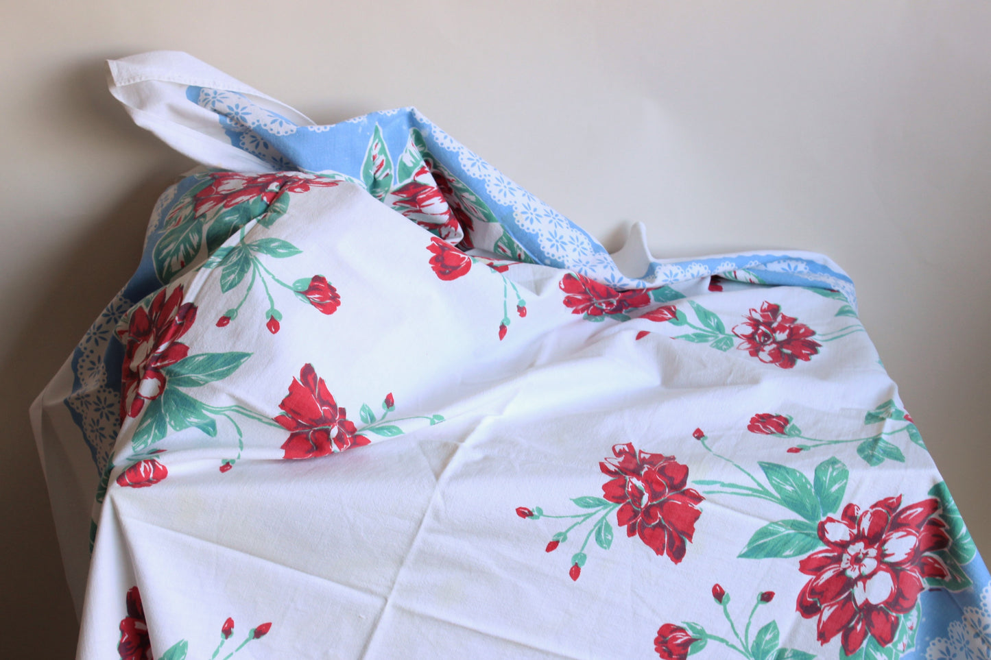 Vintage 1940s, 1950s Tablecloth with red flowers and blue borders