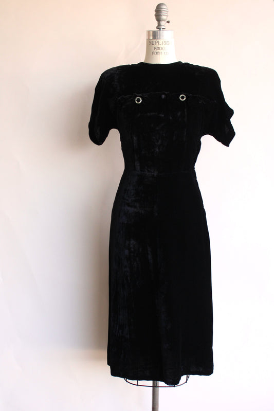 Vintage 1940s Black Velvet Dress with Rhinestone Details