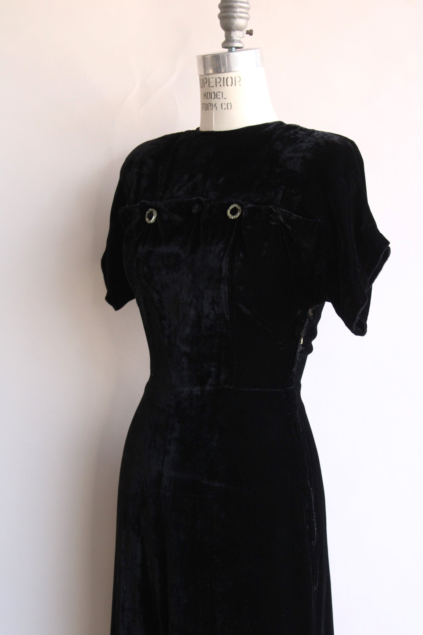 Vintage 1940s Black Velvet Dress with Rhinestone Details