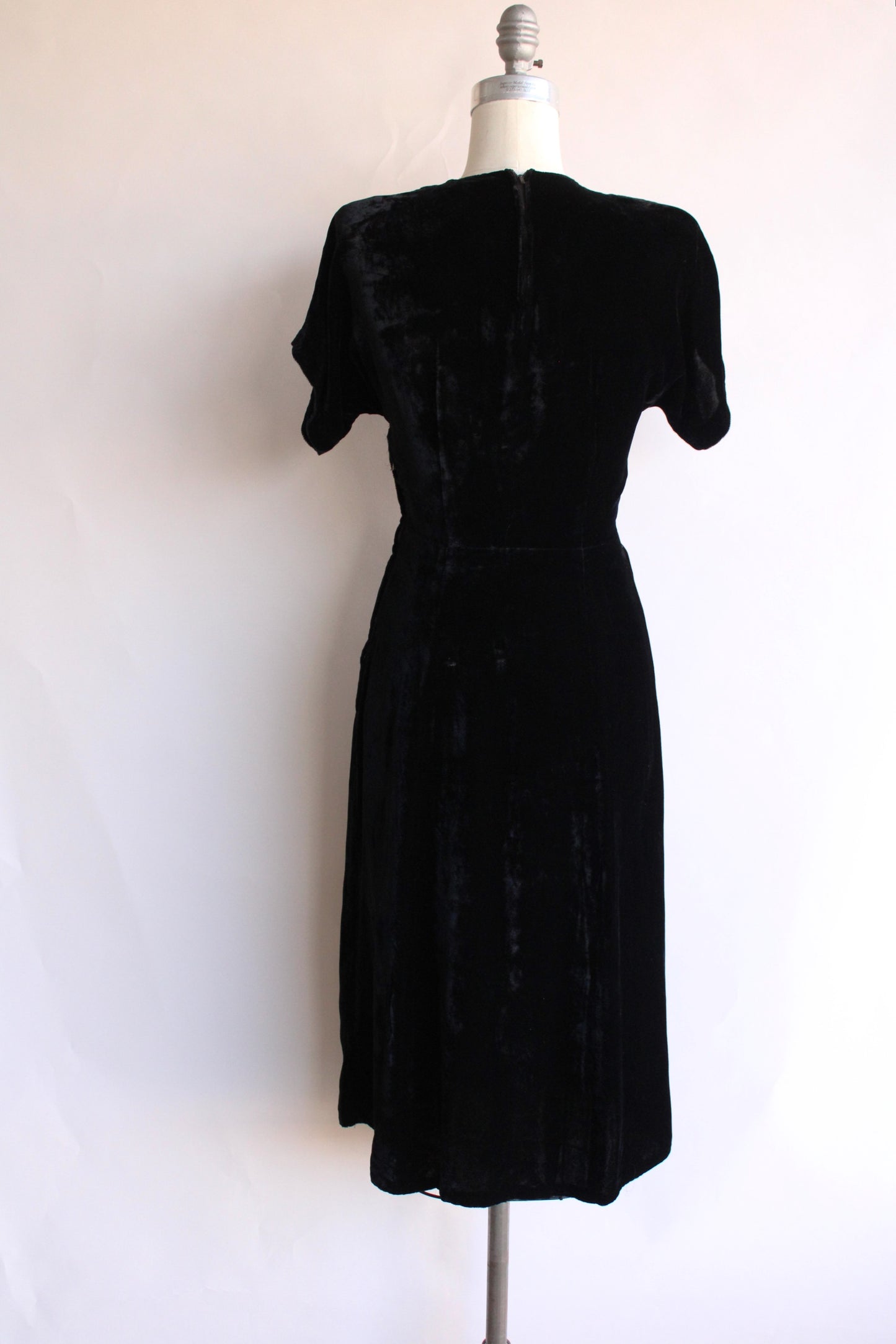 Vintage 1940s Black Velvet Dress with Rhinestone Details