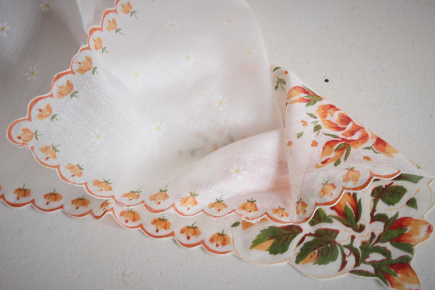 Vintage 1960s Orange Roses on White Cotton Handkerchief