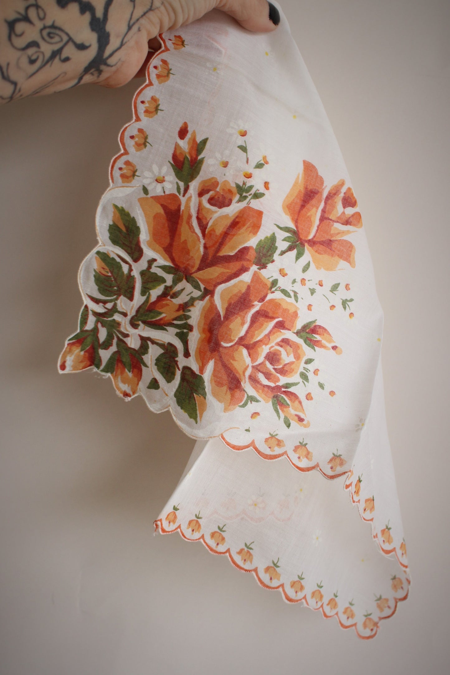 Vintage 1960s Orange Roses on White Cotton Handkerchief
