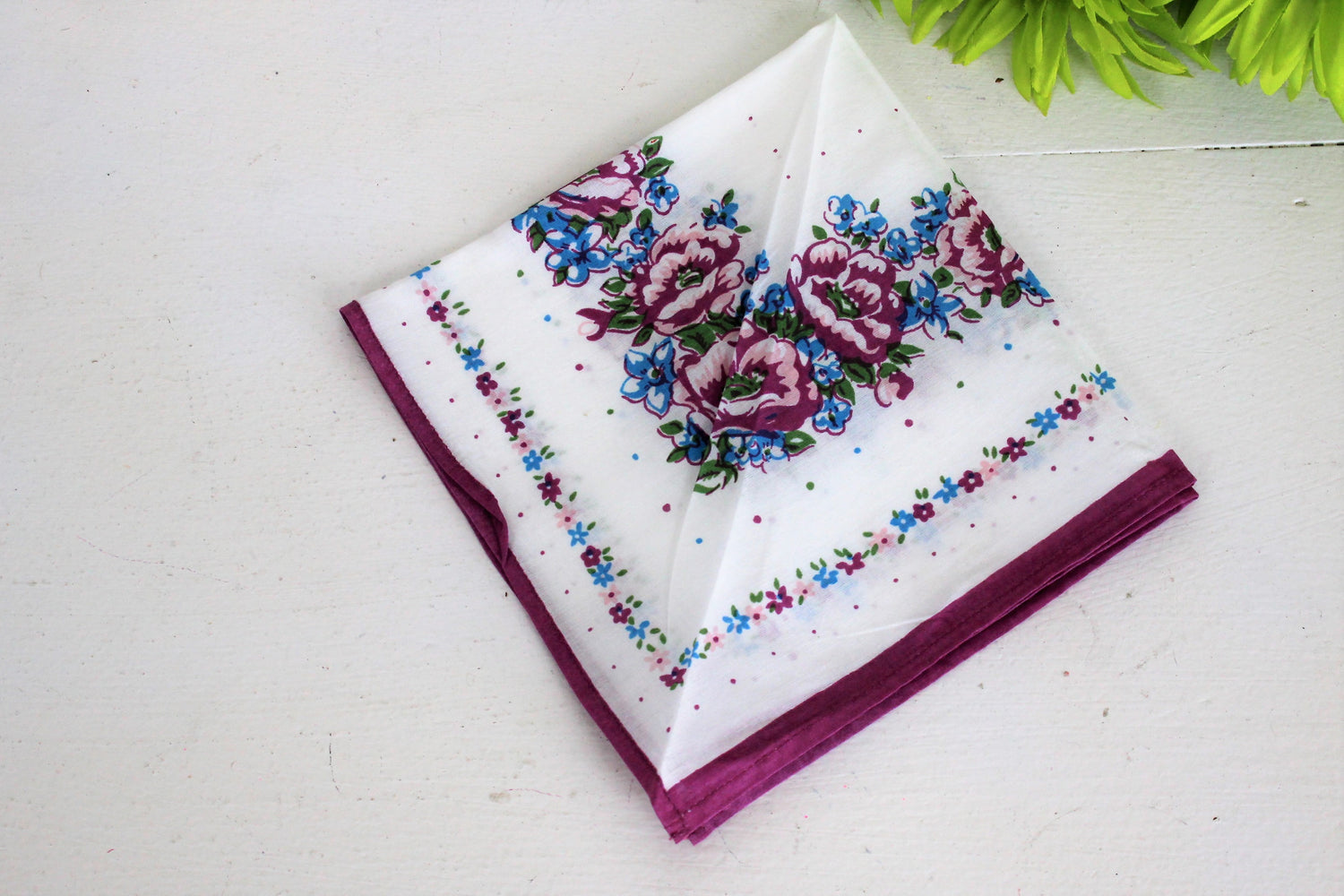 Vintage Cotton Handkerchief Floral Print of Purple Roses
