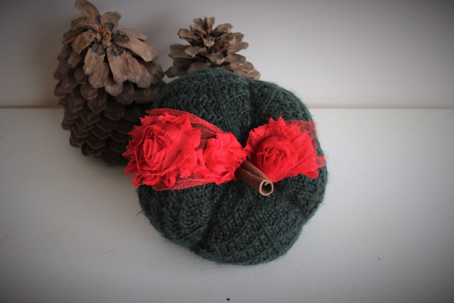 Green and Red Christmas Theme Knit Pumpkin PIllow Pouf, Cinnamon Stick Stem
