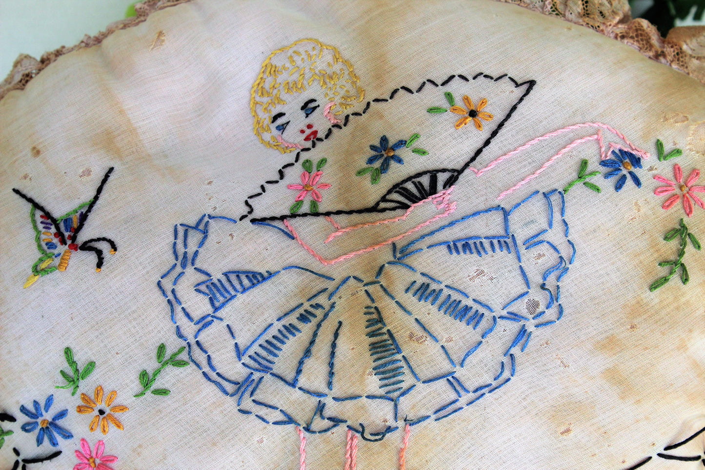 CLEARANCE: Vintage 1930s Pillow With Embroidered Ballerina