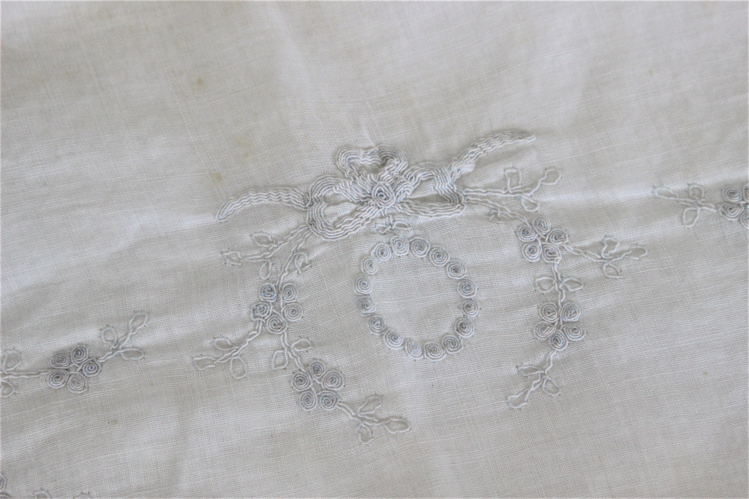 Vintage Pillow Case In White With Gray Embroidery 