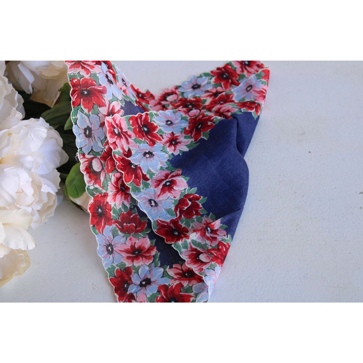 Vintage Navy Blue Cotton With Red Floral Print Hankie