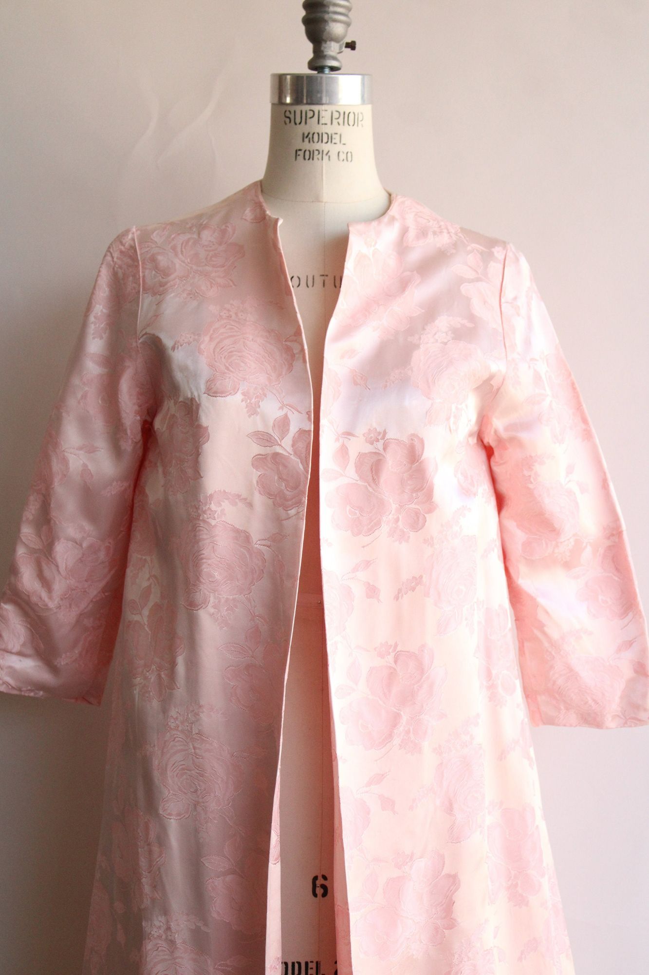 Vintage 1960s Pink Satin Floral Damask Full Length Coat
