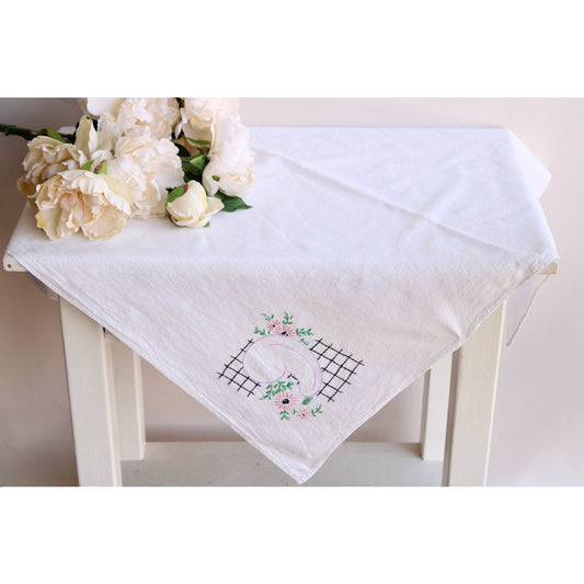 Vintage 1950s Tablecloth with Embroidered Eggplant