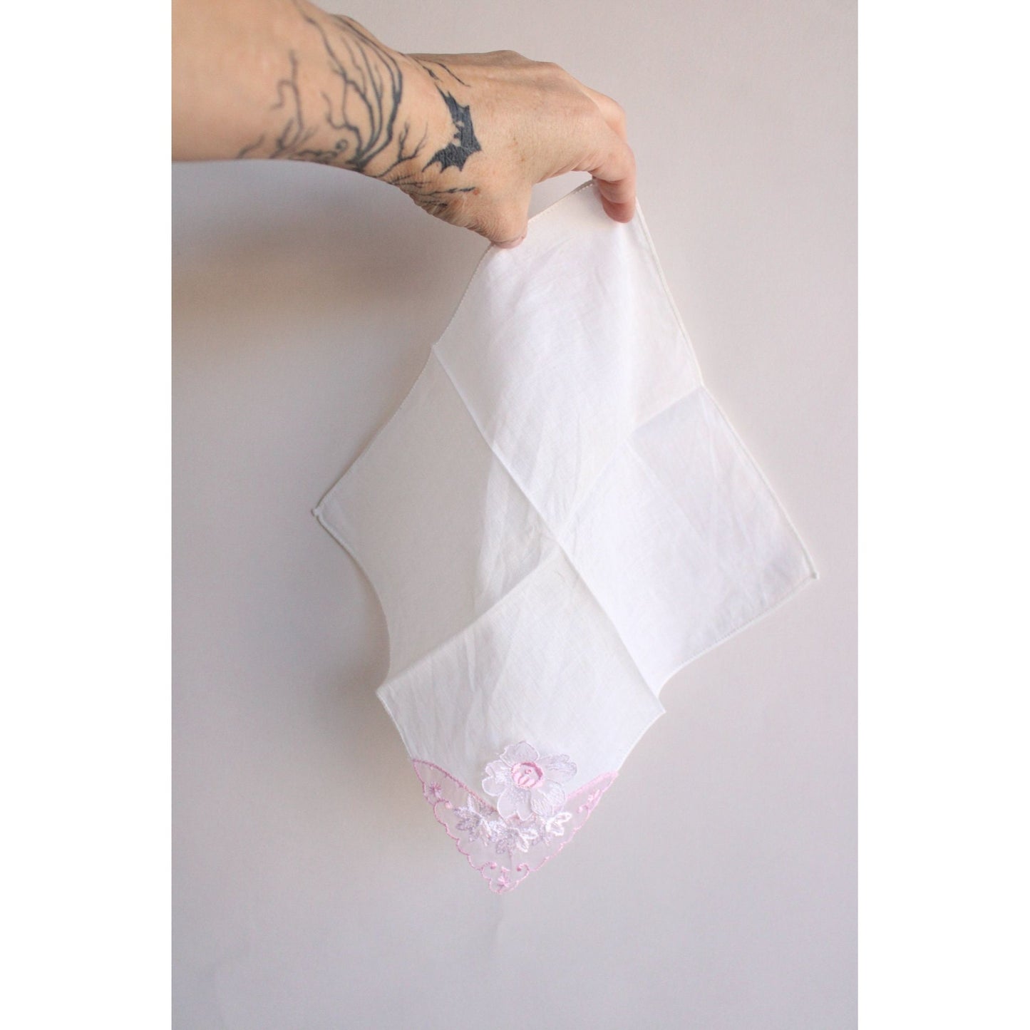 Vintage Pink Flower  White Linen Handkerchief
