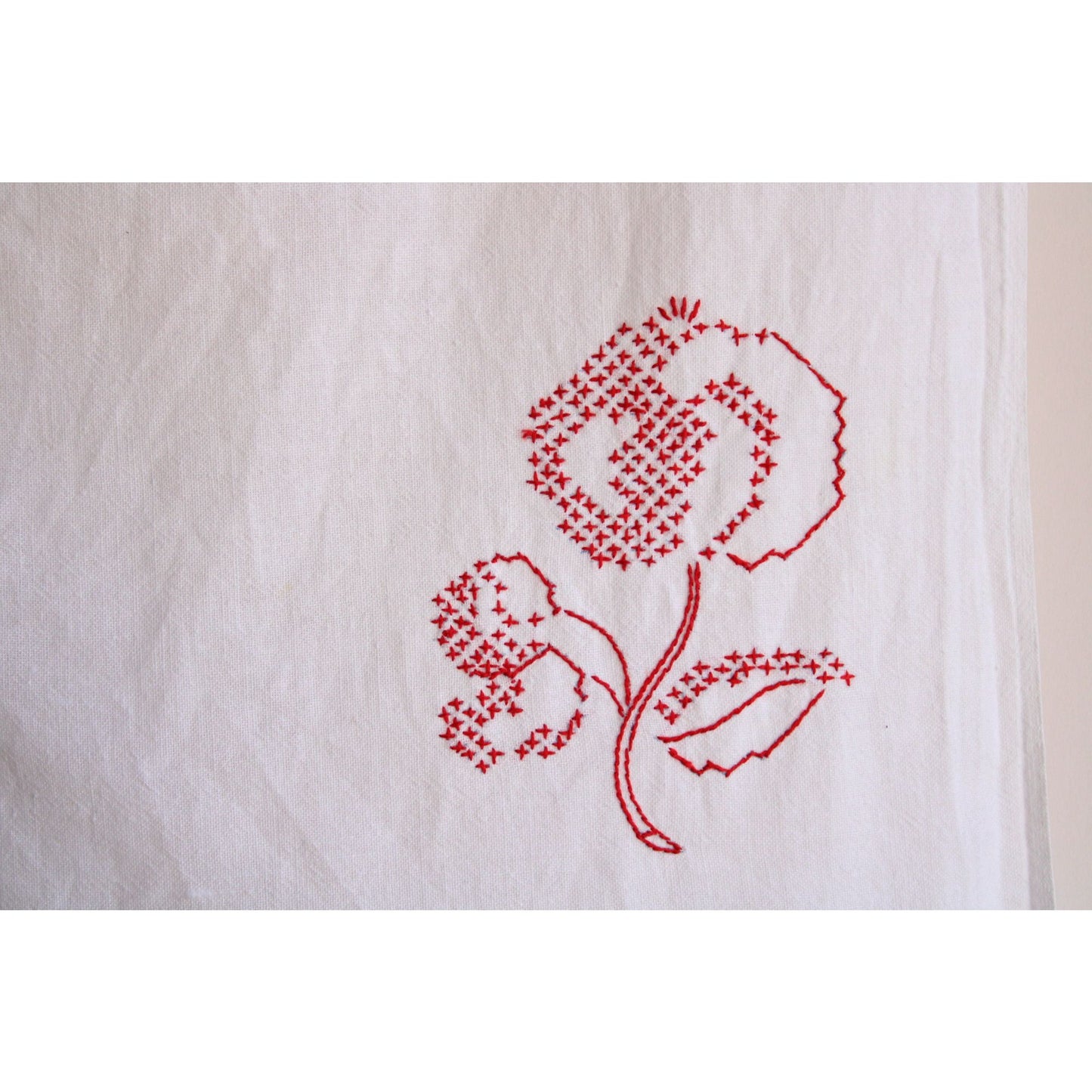 Vintage 1960s Tablecloth Or Kitchen Towel with Red Flower Cross Stitch