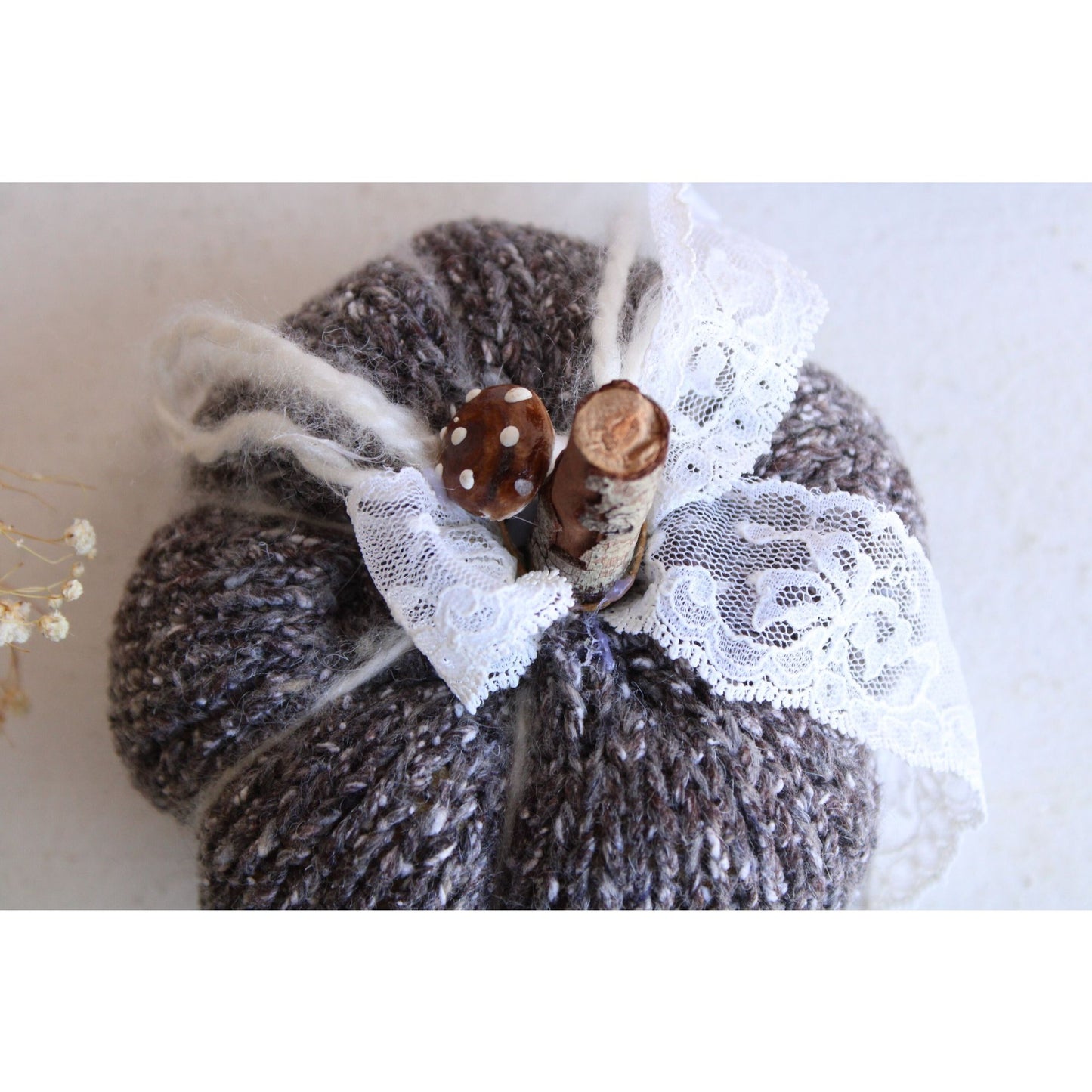 Mini Knit Pumpkin Pillow Pouf in Gray with Vintage Lace, Toadstools, and Wooden Stem