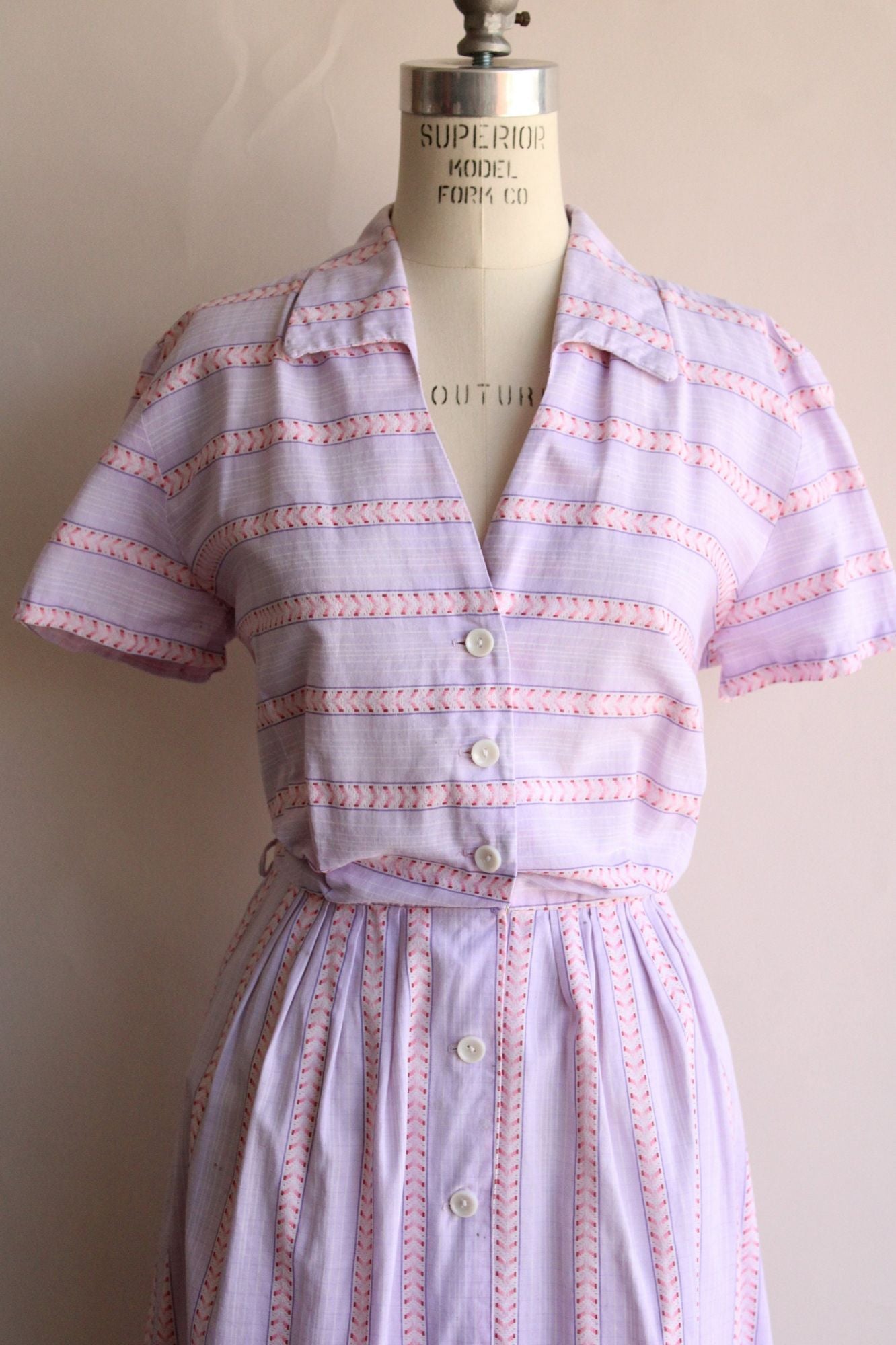 Vintage 1950s Purple and Pink Stripe Shirtwaist Dress with Pocket