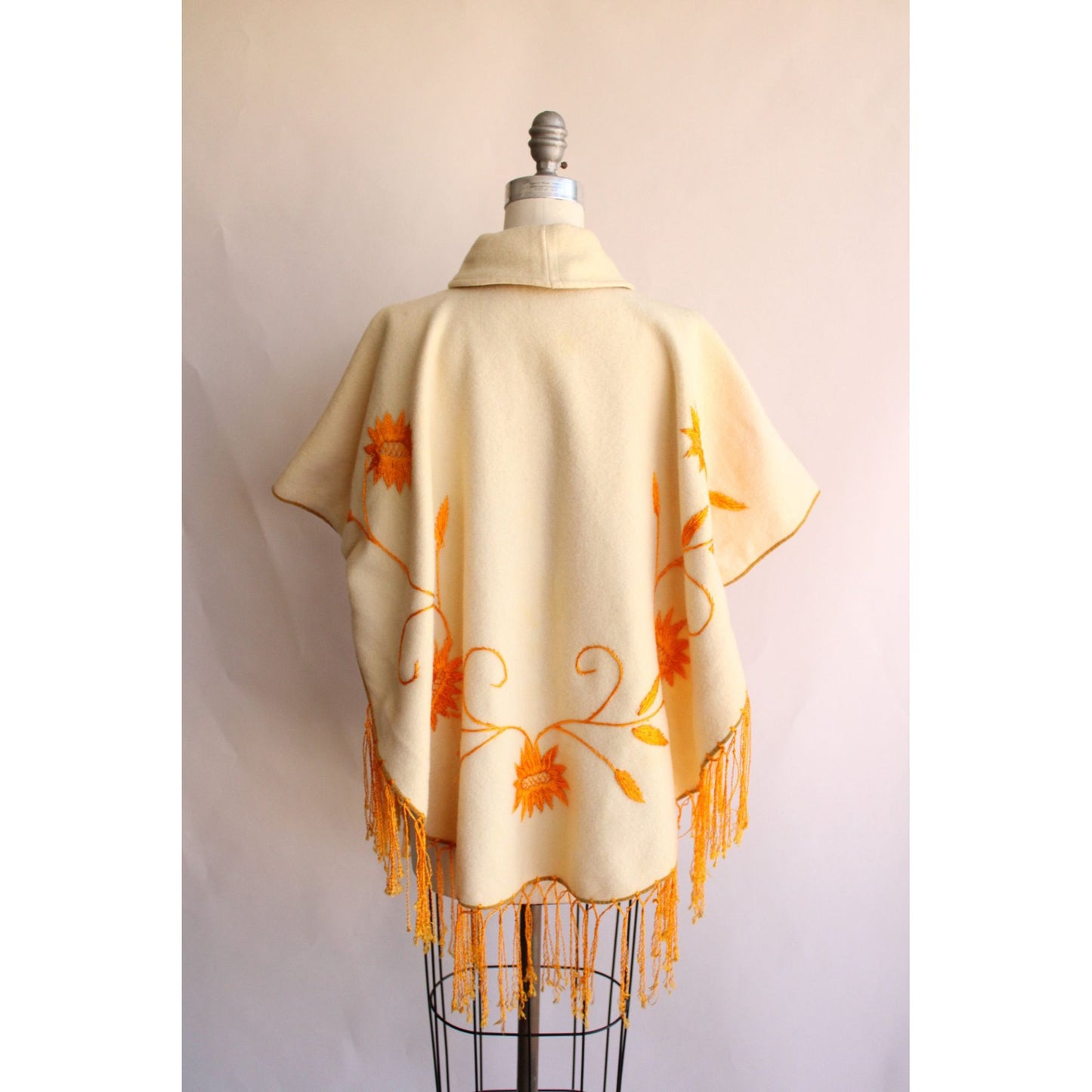 Vintage 1960s Yellow Felted Wool Embroidered Poncho
