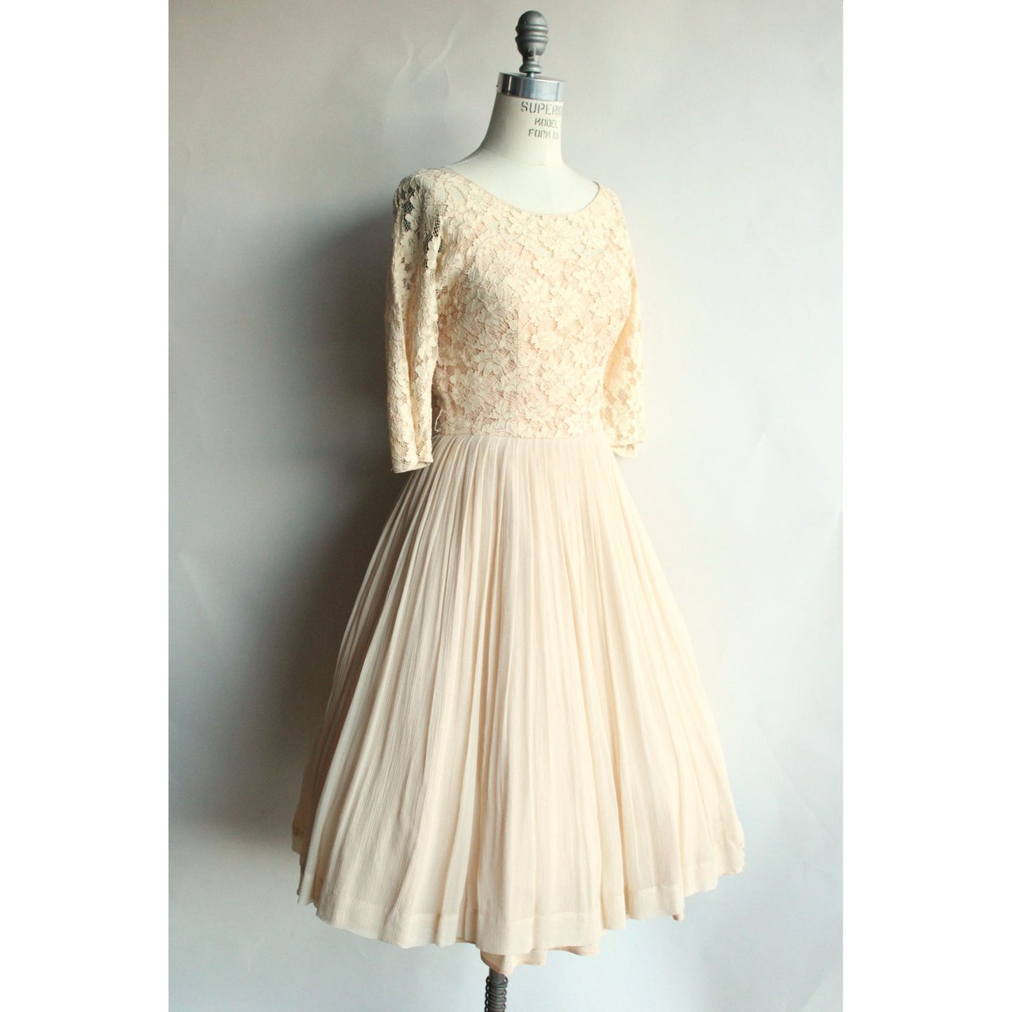 Vintage 1960s Fit and Flare Ivory Illusion Lace And Chiffon Dress