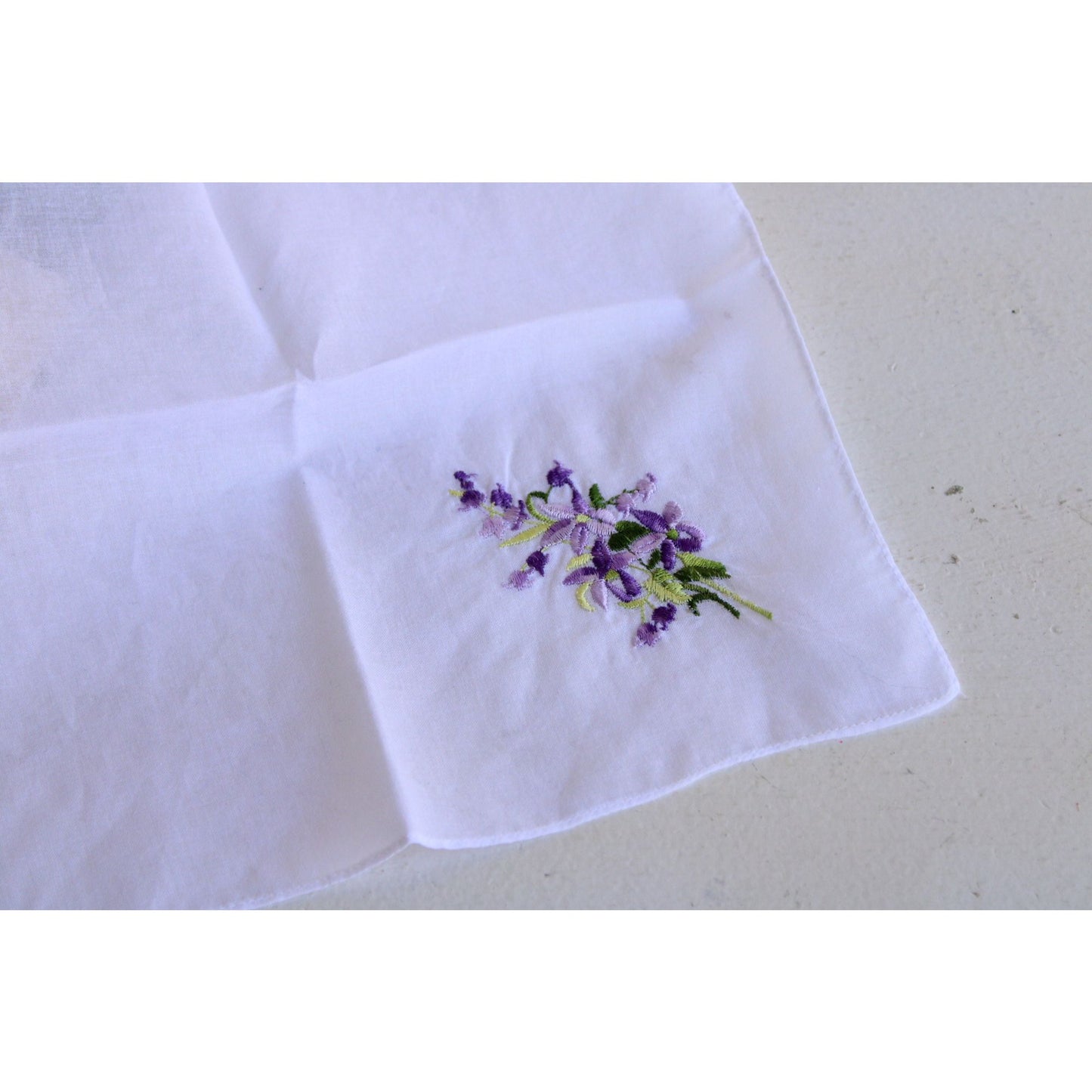 Vintage White Cotton With Purple Embroidered Flowers Hankie