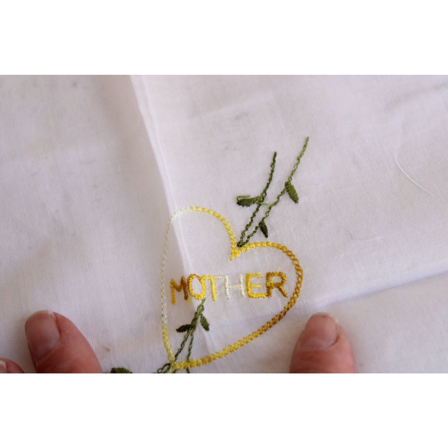 Vintage Handkerchief, Embroidered with "Mother" and Yellow Roses