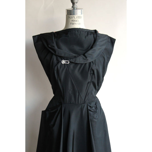 Vintage 1950s Black Taffeta Dress With Rhinestones and Hip Swag