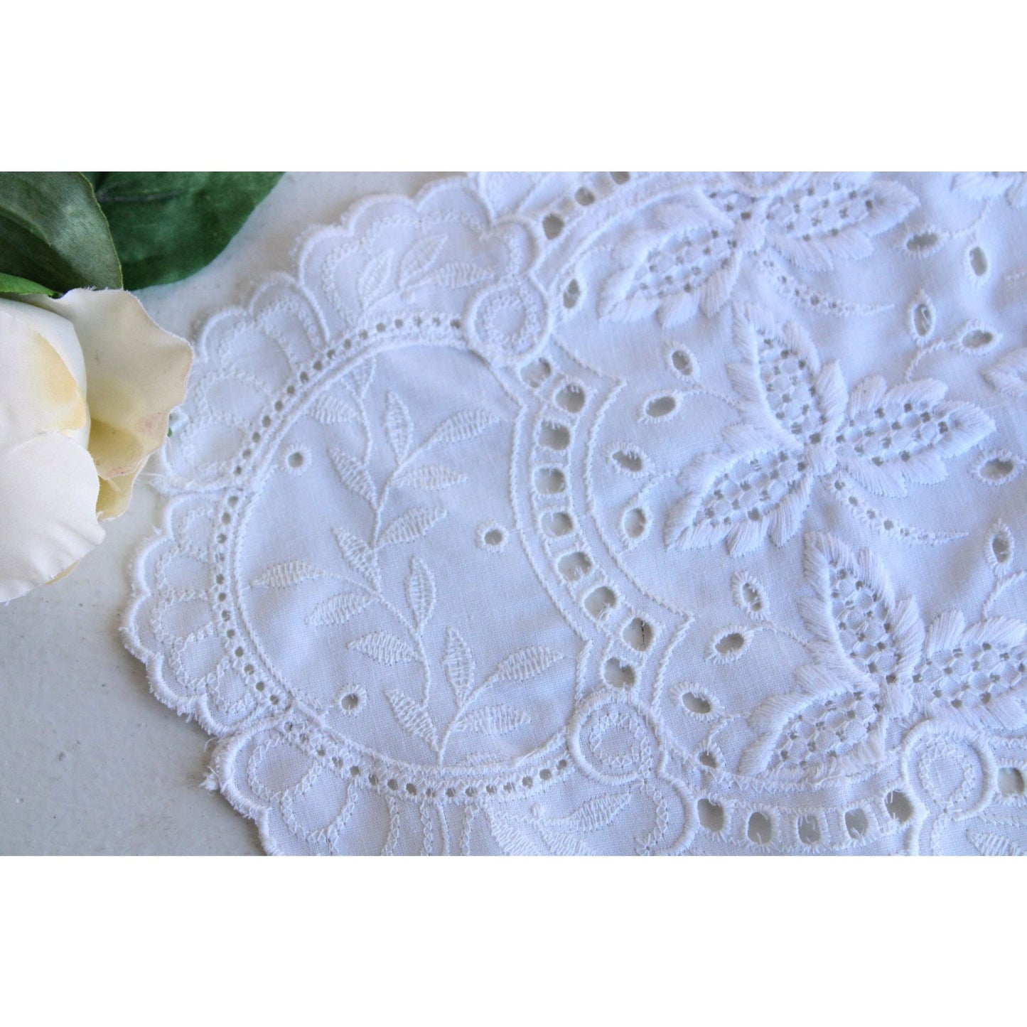 Vintage Embroidered White Cotton Doily
