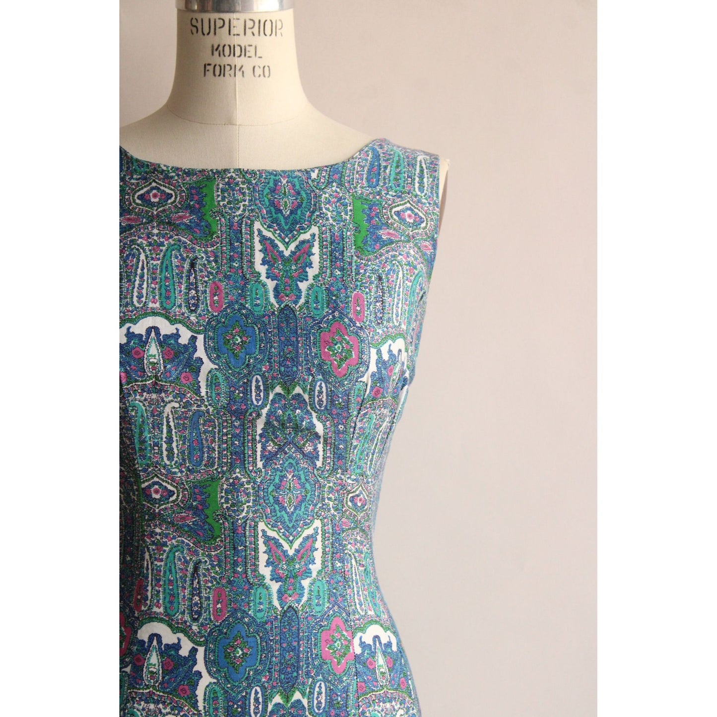 Vintage 1950s Wiggle Dress in a Blue Paisley Print