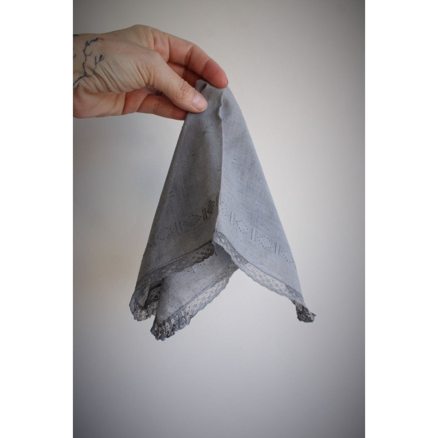 Hand Plant Dyed Blue Gray Handkerchief with Lace Trim