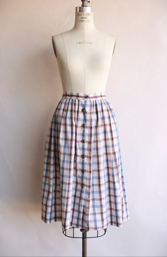 Vintage 1960s 1970s Plaid Blue and Brown Check Full Skirt