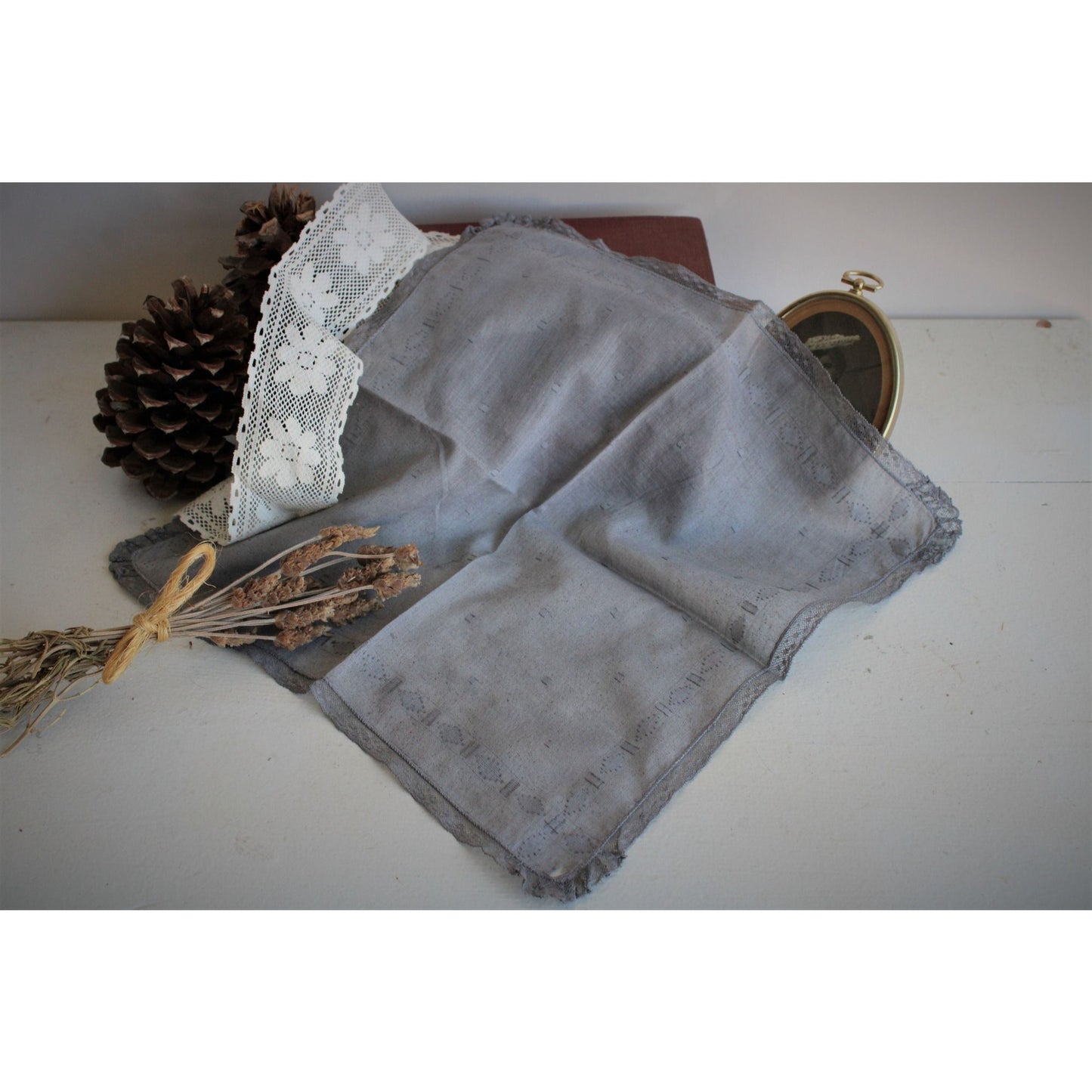 Hand Plant Dyed Blue Gray Handkerchief with Lace Trim