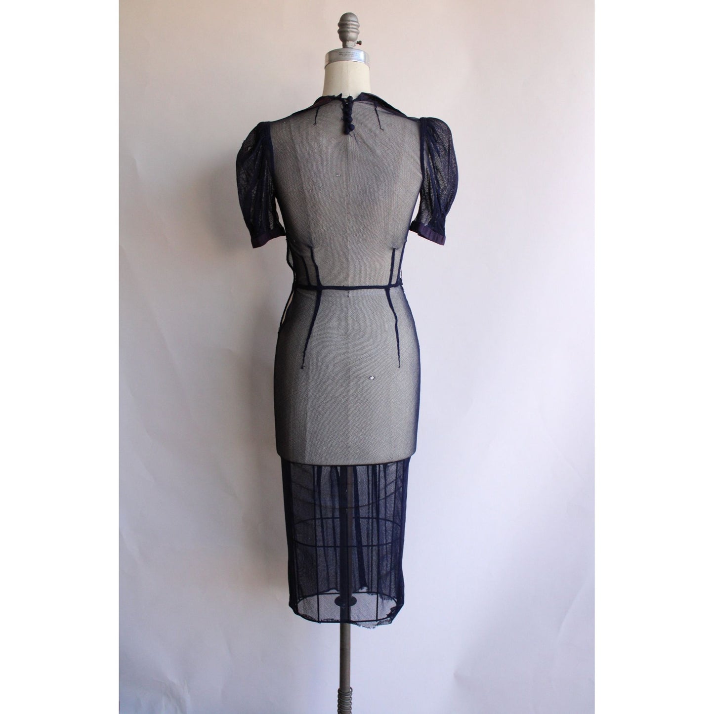 Vintage 1930s Navy Blue Tulle Dress with Sailor Collar