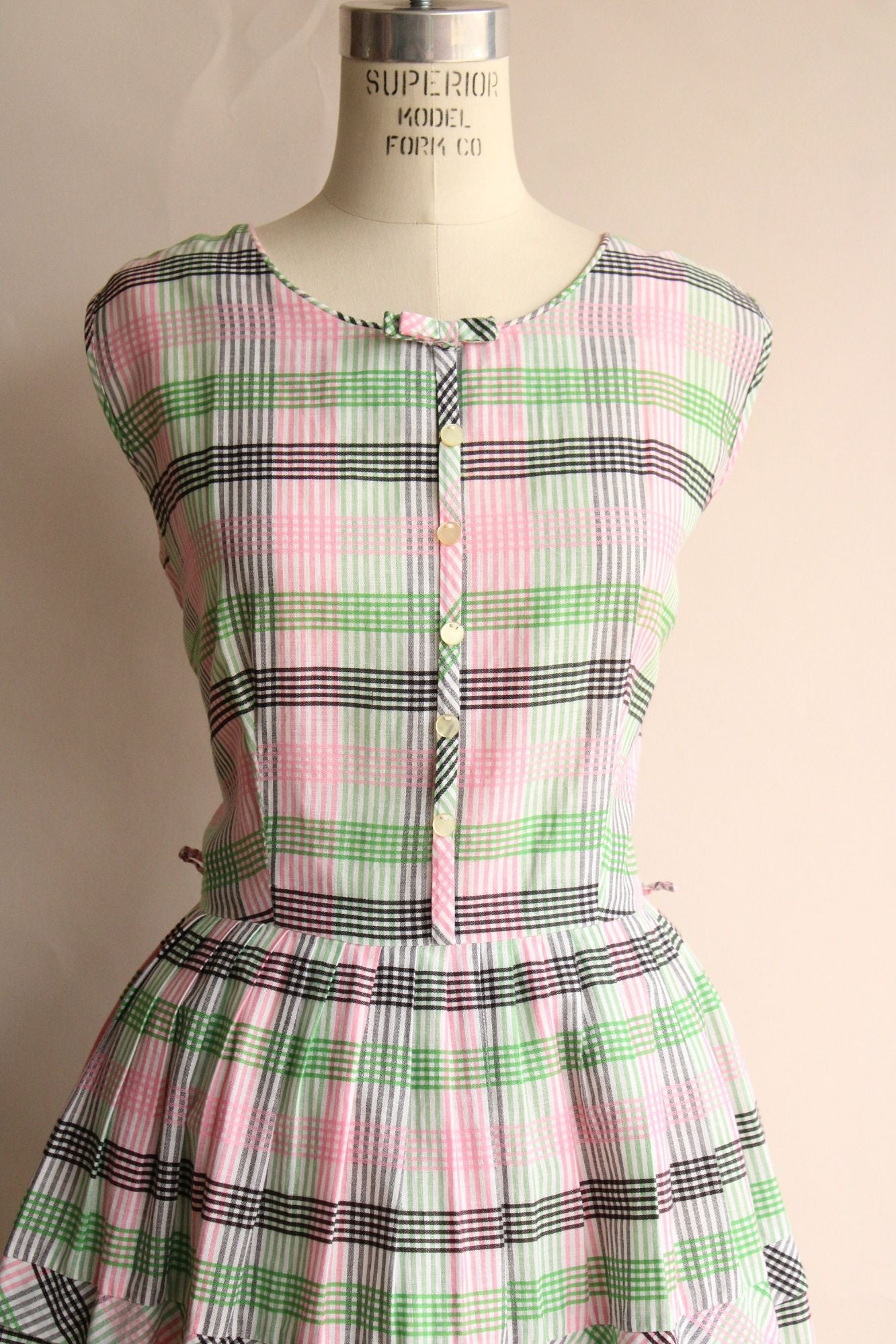 Vintage 1950s Fit and Flare Green and Pink and Black Check Dress