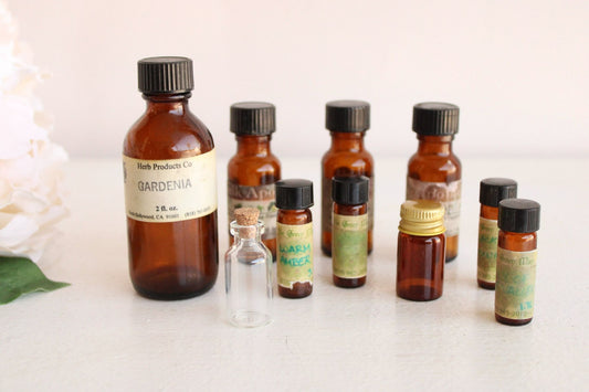 Lot of 10 Glass Essential Oil Bottles, Empty, Brown and Clear, Variety of Sizes and Shapes