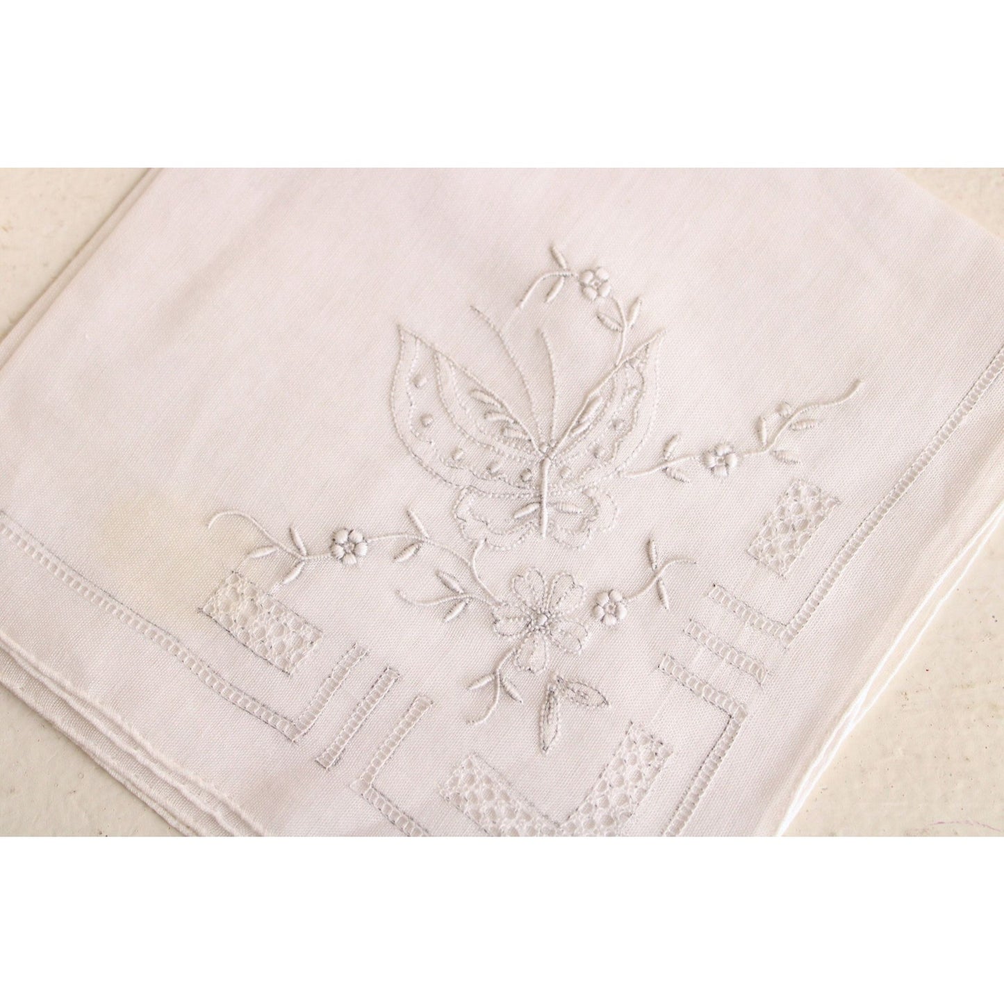 Vintage Embroidered Gray Butterfly And White Linen Handkerchief