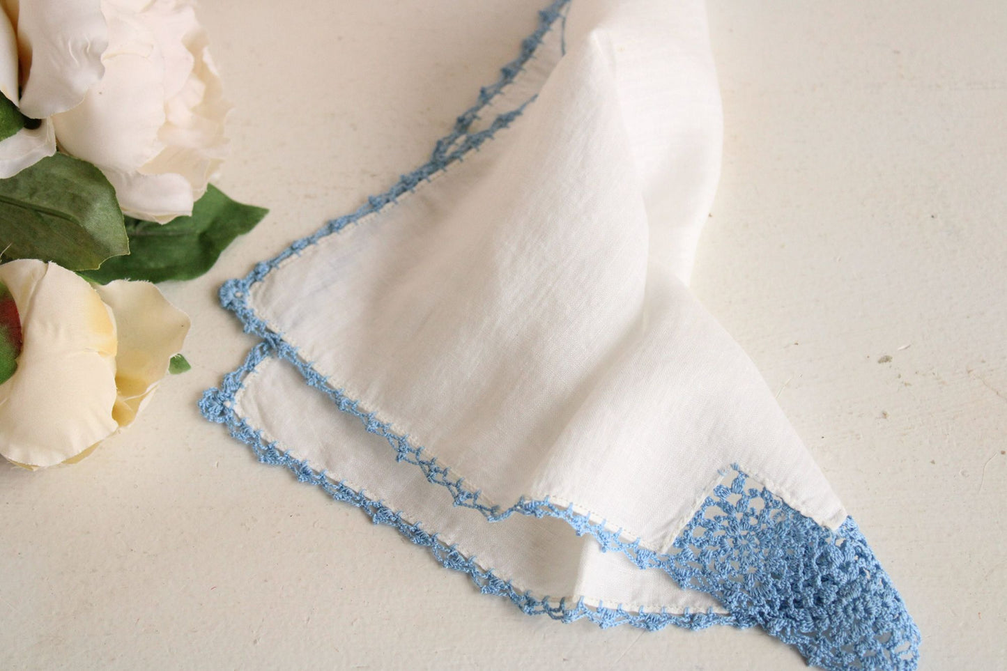 Vintage Blue Crochet Lace Trim on White Linen Hanky