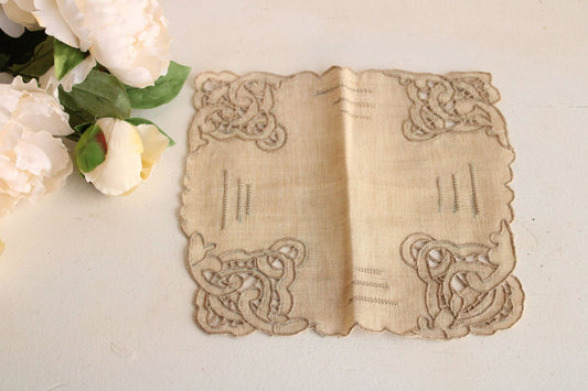 Vintage Doily, Beige Linen With Cutwork and Embroidery Trim