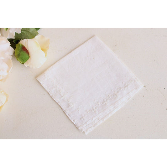 Vintage 1940s 1950s White Embroidered Linen Handkerchief