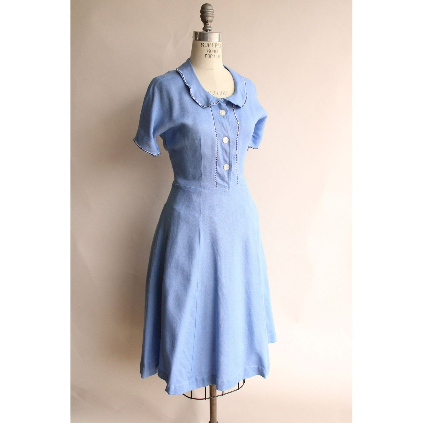 Vintage 1940s 1950s Sky Blue Linen Dress With Peter Pan Collar