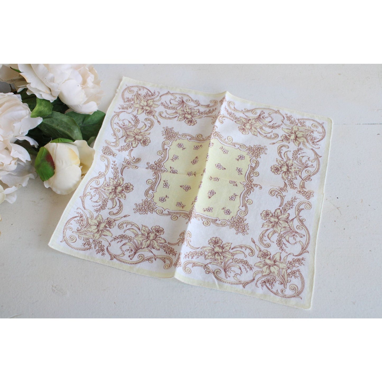 Vintage Cotton Yellow with Brown Floral Print Hanky